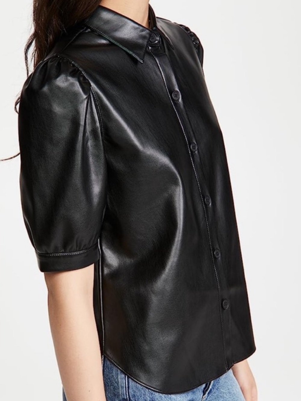 Steve Madden Black Faux Leather Puff Sleeve Button-Front Top - Picture 2 of 6